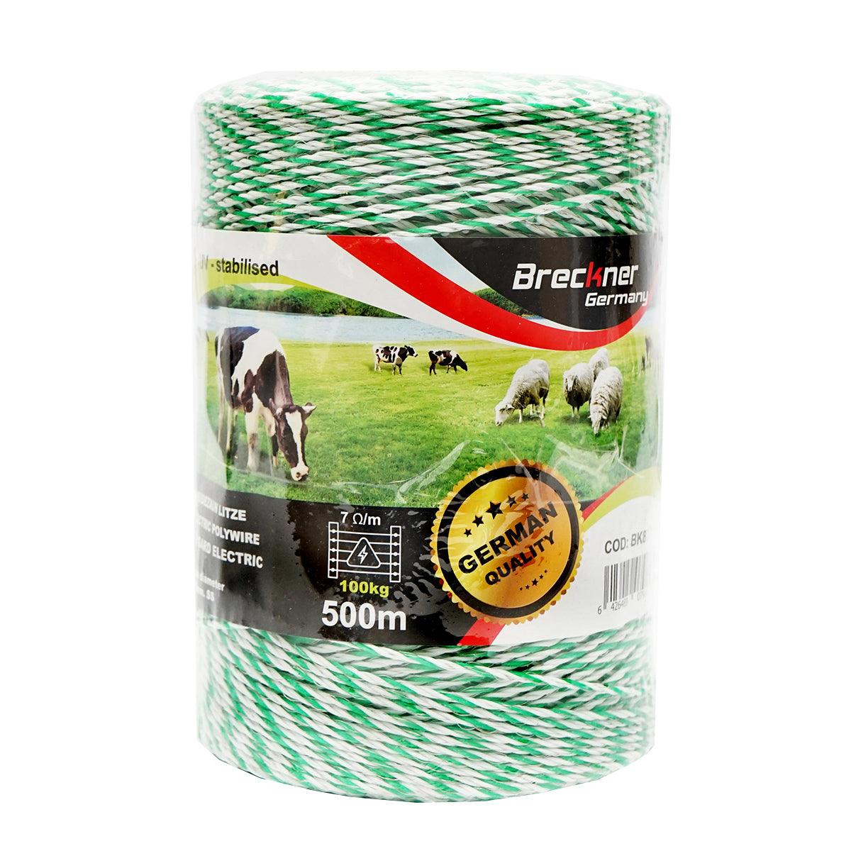 Filo per Recinto Elettrico, Lunghezza 500 mt, Ø2.5mm. 4x0.2mm. SS, 7 Ohm/m, colore Bianco/Verde, Recinzioni Elettriche Breckner Germany