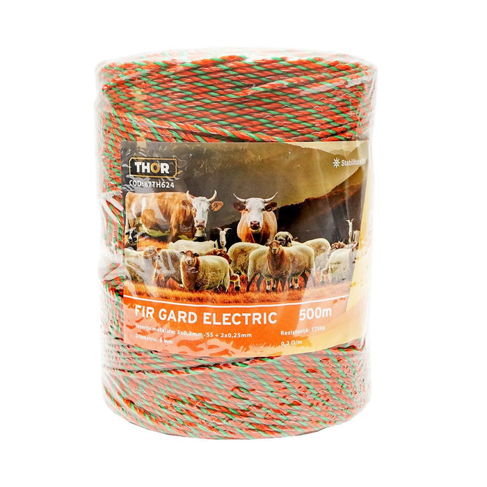 Filo per Recinto Elettrico, Lunghezza 500 mt, Ø3mm. 3x0.2mm SS + 2x0.25mm, 0.2 Ohm/m, Colore Arancione/Verde, Recinzioni Elettriche Thor