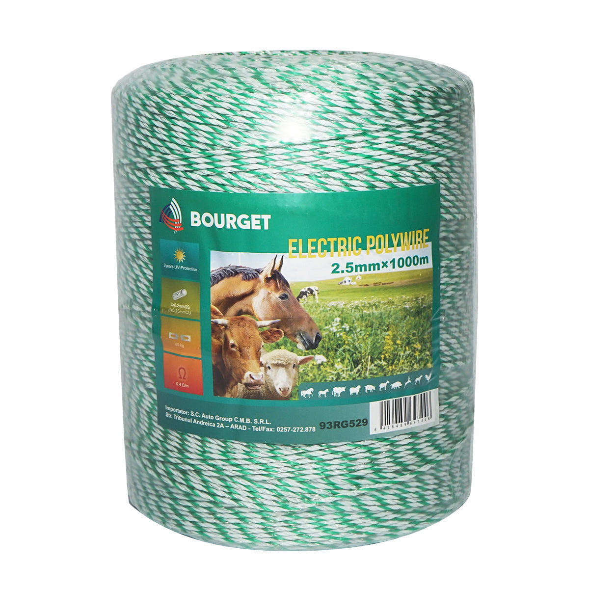 Filo verde fluorescente-bianco, diametro 2.5 mm, 3x0.2 mm SS, 1x0.25 mm Cu, 1000 m per recinzione elettrica, Bourget