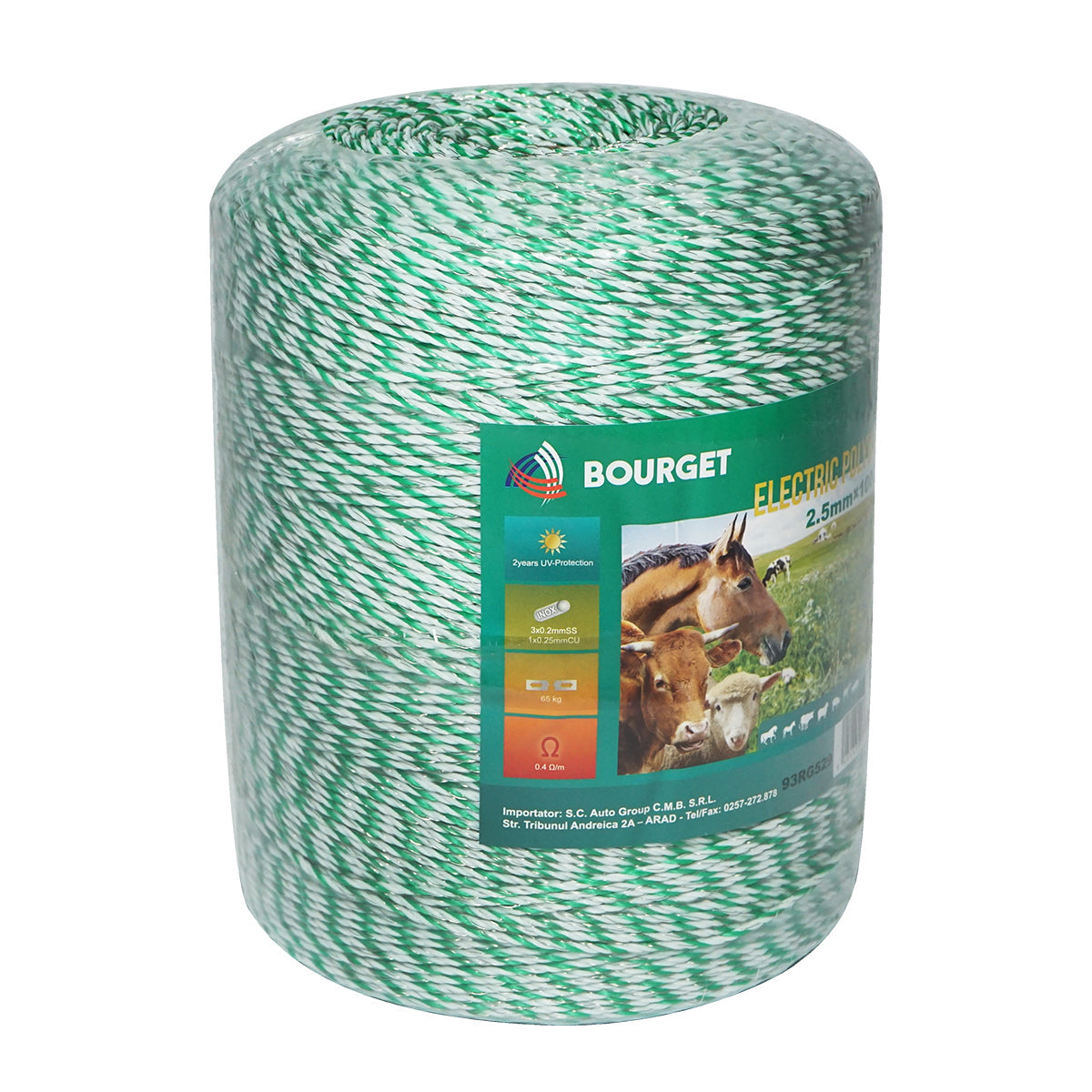 Filo verde fluorescente-bianco, diametro 2.5 mm, 3x0.2 mm SS, 1x0.25 mm Cu, 1000 m per recinzione elettrica, Bourget