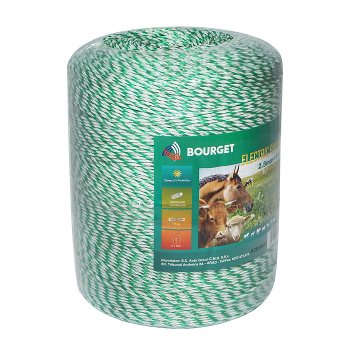 Filo verde fluorescente-bianco, diametro 2.5 mm, 3x0.2 mm SS, 1x0.25 mm Cu, 1000 m per recinzione elettrica, Bourget