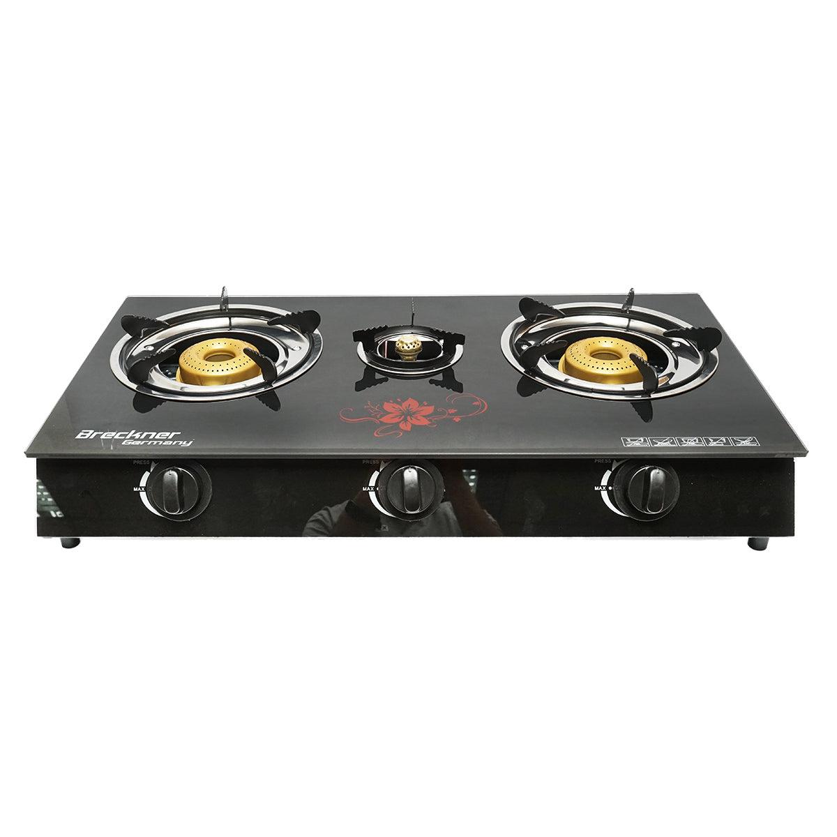 Fornello a Gas, 3 Bruciatori in Ghisa, 2,5 KW, Vetro Temperato, 700x380x94mm Fornello a gas Campeggio Camper Giardino Breckner Germany