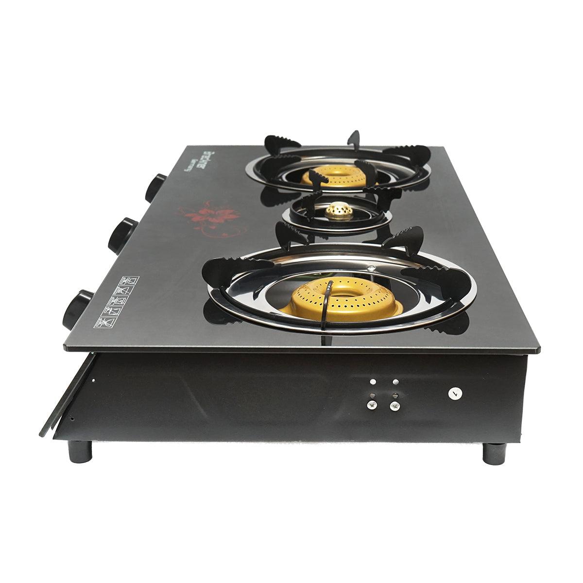 Fornello a Gas, 3 Bruciatori in Ghisa, 2,5 KW, Vetro Temperato, 700x380x94mm Fornello a gas Campeggio Camper Giardino Breckner Germany