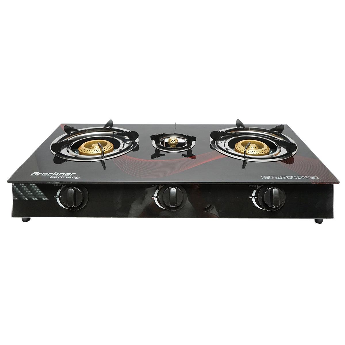 Fornello a gas, piano cottura con 3 bruciatori in ghisa 2,5KW vetro temperato 700x380x94mm, Fornello a gas Campeggio Camper Giardino Breckner Germany