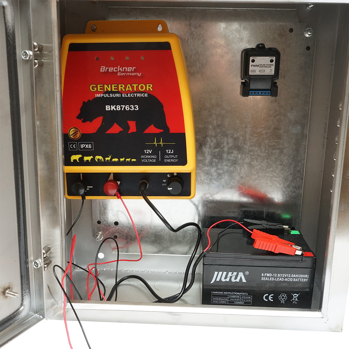 Elettrificatore da 12 Joule, DC12V/220V, con pannello solare da 30W e batteria da 12V 12Ah, contenitore in acciaio inox, per recinto elettrico