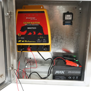 Elettrificatore da 12 Joule, DC12V/220V, con pannello solare da 30W e batteria da 12V 12Ah, contenitore in acciaio inox, per recinto elettrico