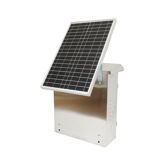 Elettrificatore da 12 Joule, DC12V/220V, con pannello solare da 30W e batteria da 12V 12Ah, contenitore in acciaio inox, per recinto elettrico