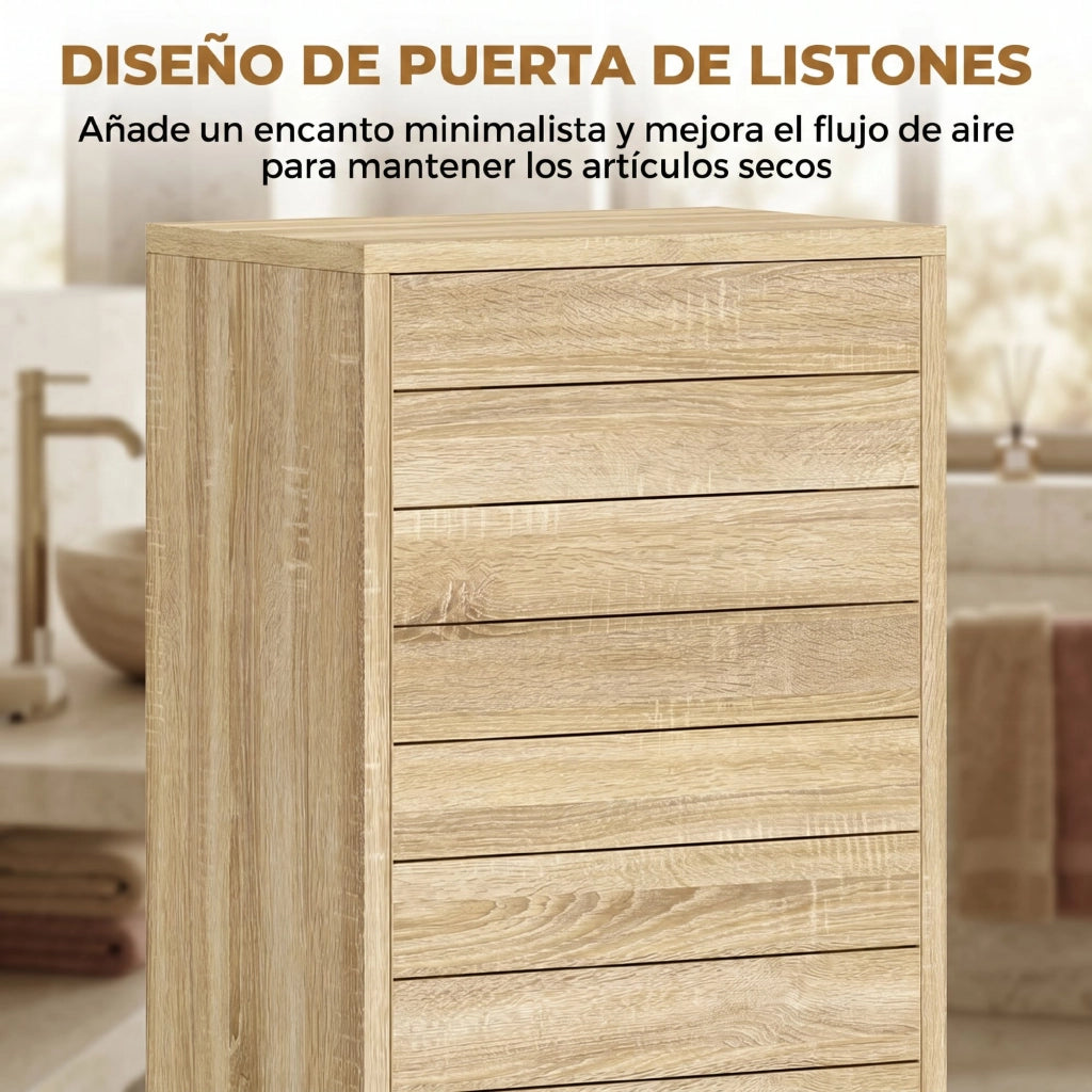 Mobiletto Bagno con Ante a Listelli e Ripiani Regolabili ¨C Zephmum ¨C Naturale 34x23x84 cm