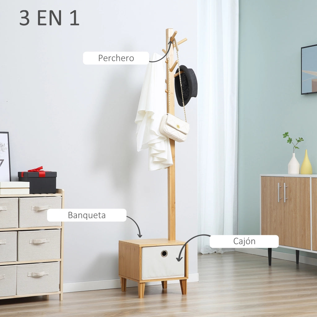 Appendiabiti con Banco e Cassetto ¨C Zephmum ¨C Legno Bamb¨´ Naturale 35x35x177 cm