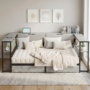 Letto singolo imbottito con contenitori; USB e Type-C; 140x200 cm; grigio in MDF e metallo