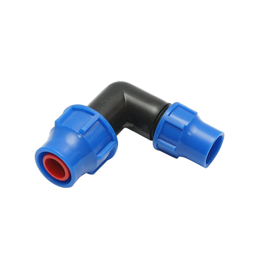 Gomito di raccordo a compressione ridotto D25x20mm per sistemi di irrigazione.
