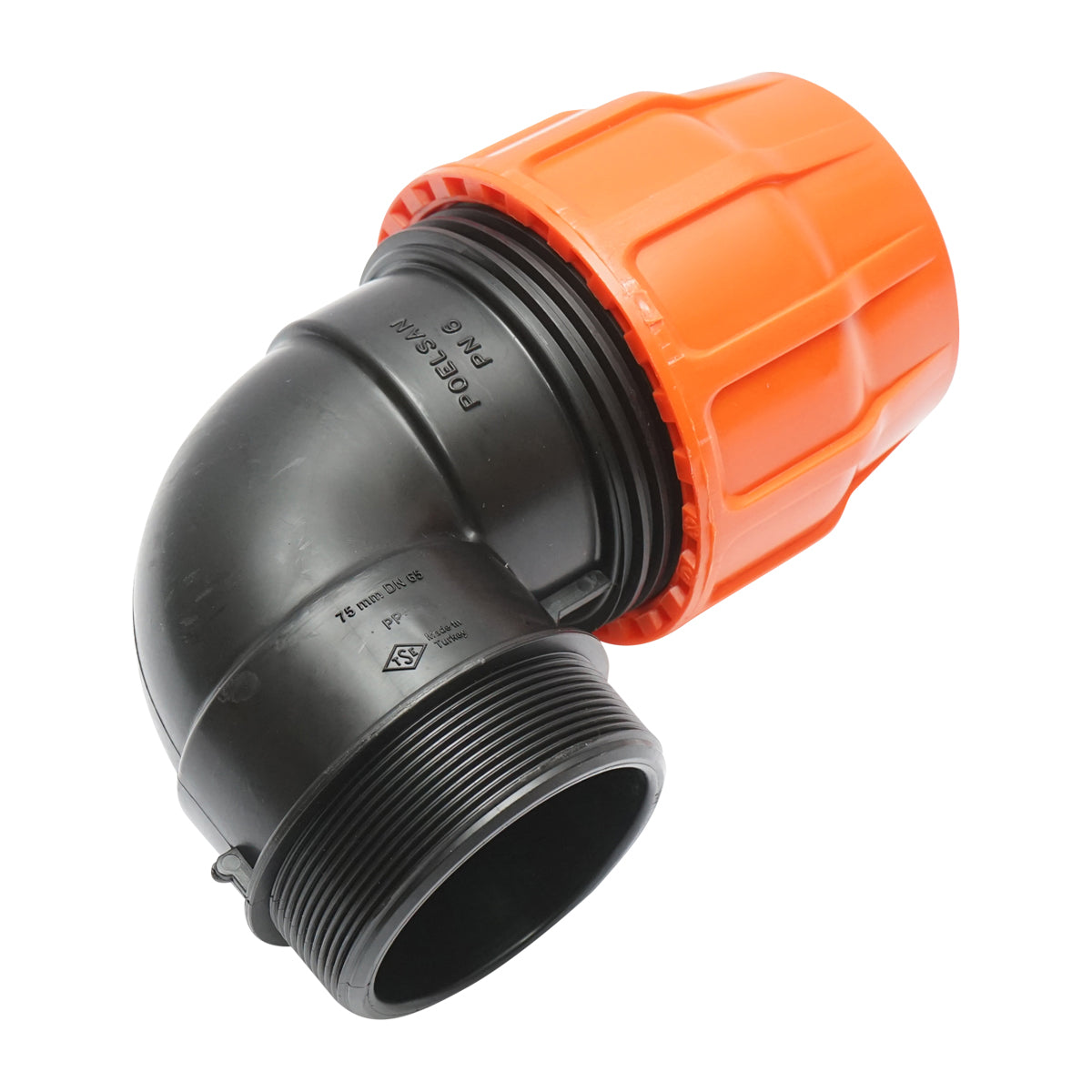 Gomito Layflat con olandese D75x75mm con filettatura interna, PN6 Poelsan.