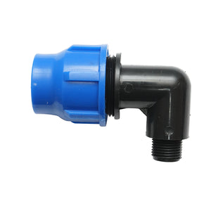 Gomito per tubo di gocciolamento con filettatura esterna D32mmx1/2 pollice, per sistemi di irrigazione.