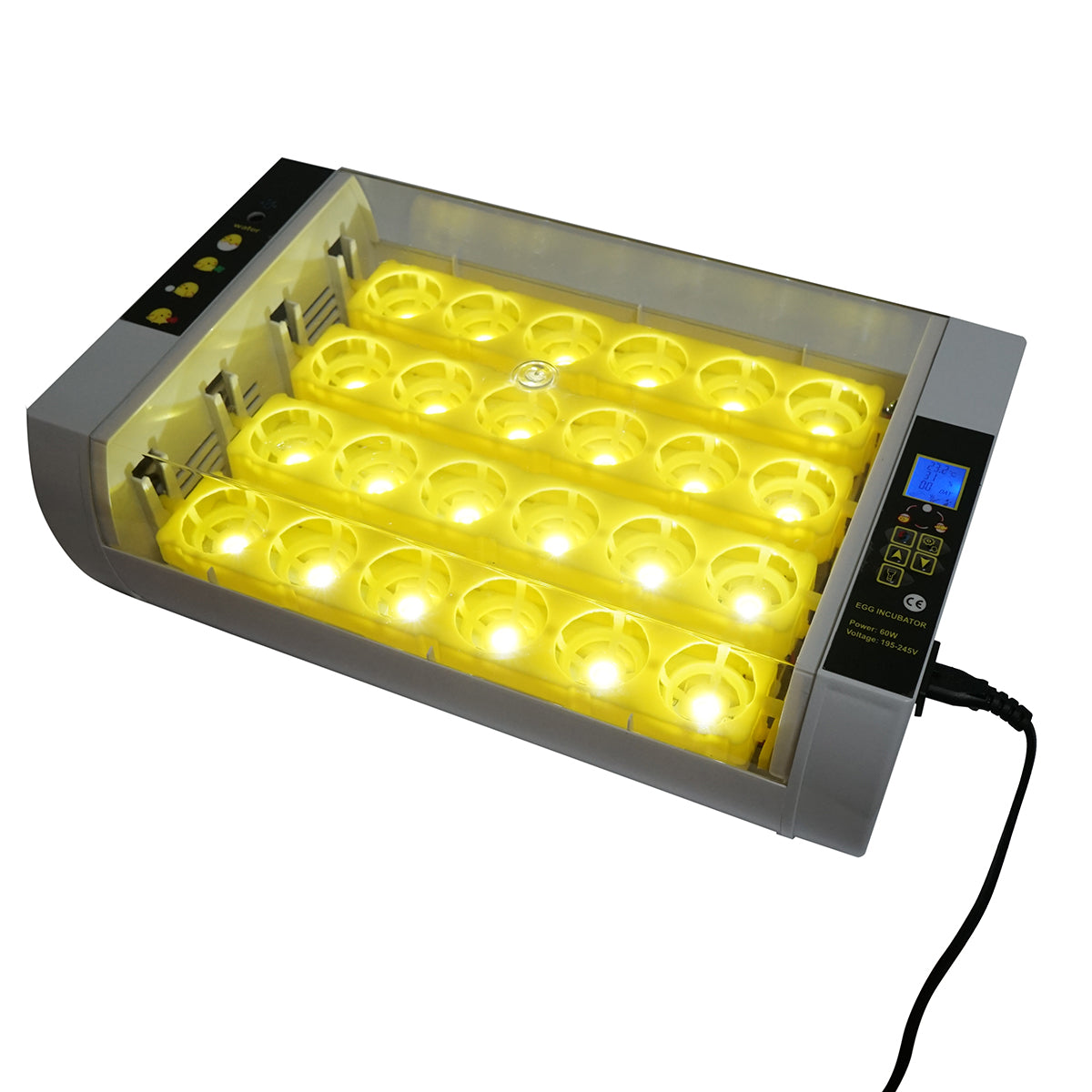 Incubatrice automatica per 24 uova, 60W, 220V, rotazione automatica, controllo della temperatura e umidità, display elettronico, vassoio illuminato a LED