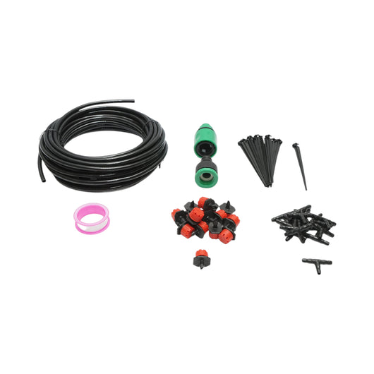Kit completo per irrigazione a goccia con tubo da 10 m, ugelli, connettori e aste di fissaggio (49 pezzi)
