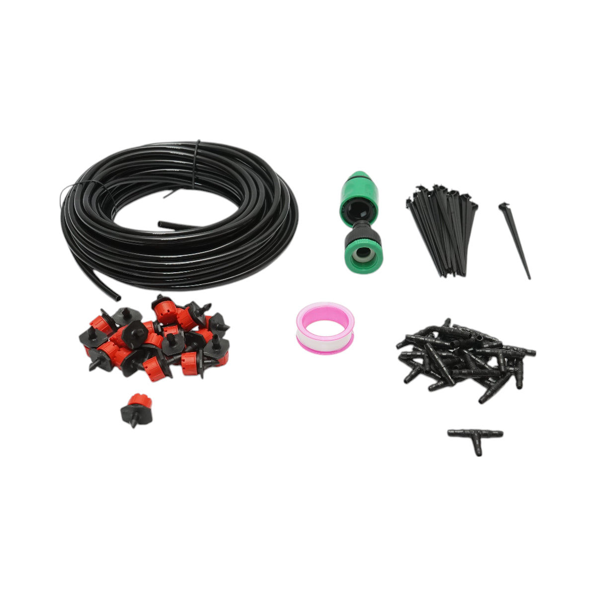Kit completo per irrigazione a goccia con tubo da 15,5 m, ugelli, connettori e aste di fissaggio (64 pezzi)
