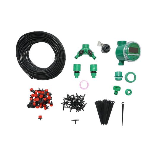 Kit completo per irrigazione a goccia con tubo da 25 m, timer, ugelli, connettori e aste di fissaggio (100 pezzi)