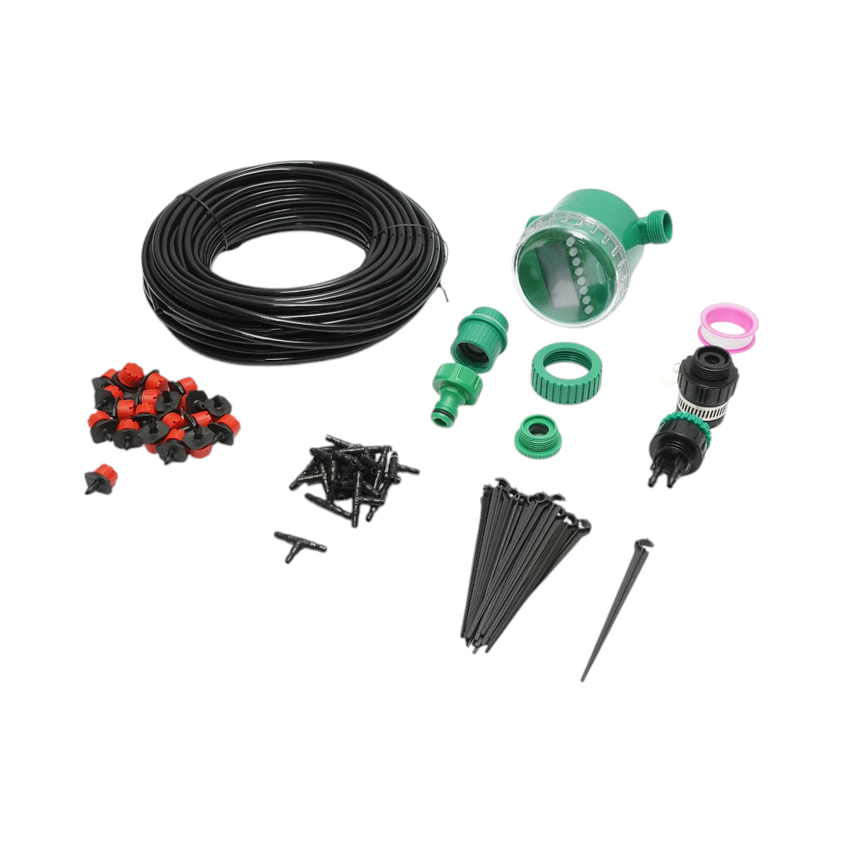 Kit completo per irrigazione a goccia con tubo da 25 m, timer, ugelli, connettori e aste di fissaggio (66 pezzi)
