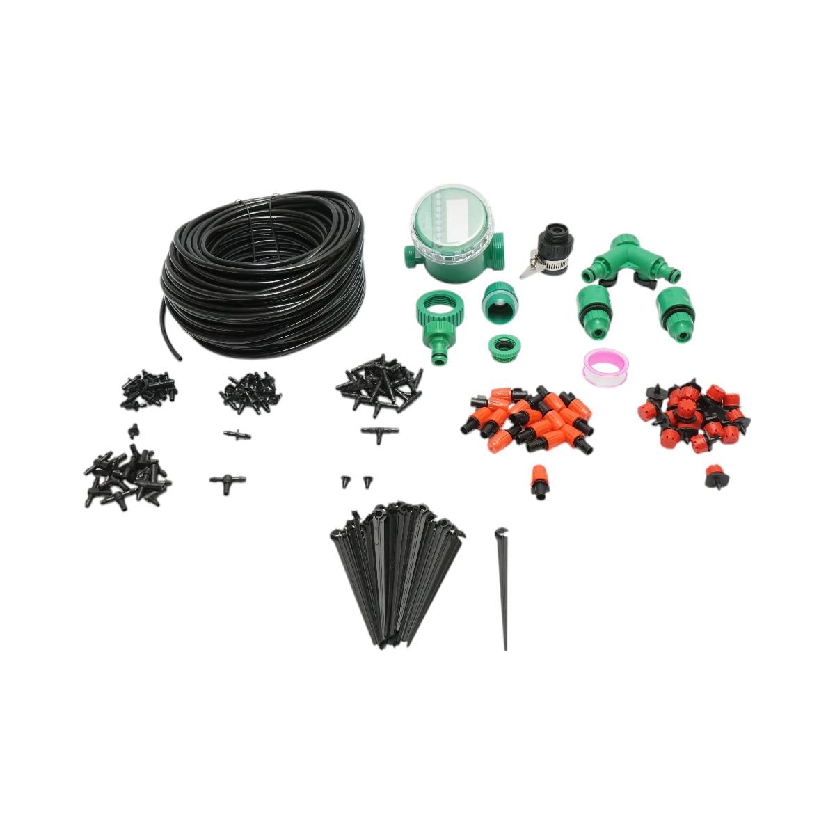 Kit completo per irrigazione a goccia e a spruzzo con tubo da 41 m, timer, ugelli, connettori e aste di fissaggio (147 pezzi)