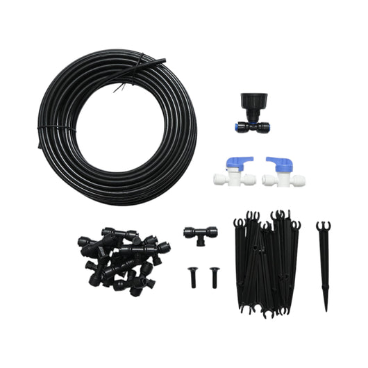 Kit completo per irrigazione a spruzzo con tubo da 15 m, ugelli, rubinetti e aste di fissaggio (30 pezzi)