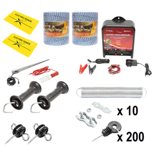 Kit completo per recinzione elettrica 12/220V, 14 Joule, lunghezza filo 2000m, 200 isolatori e targhe di segnalazione Breckner Germany