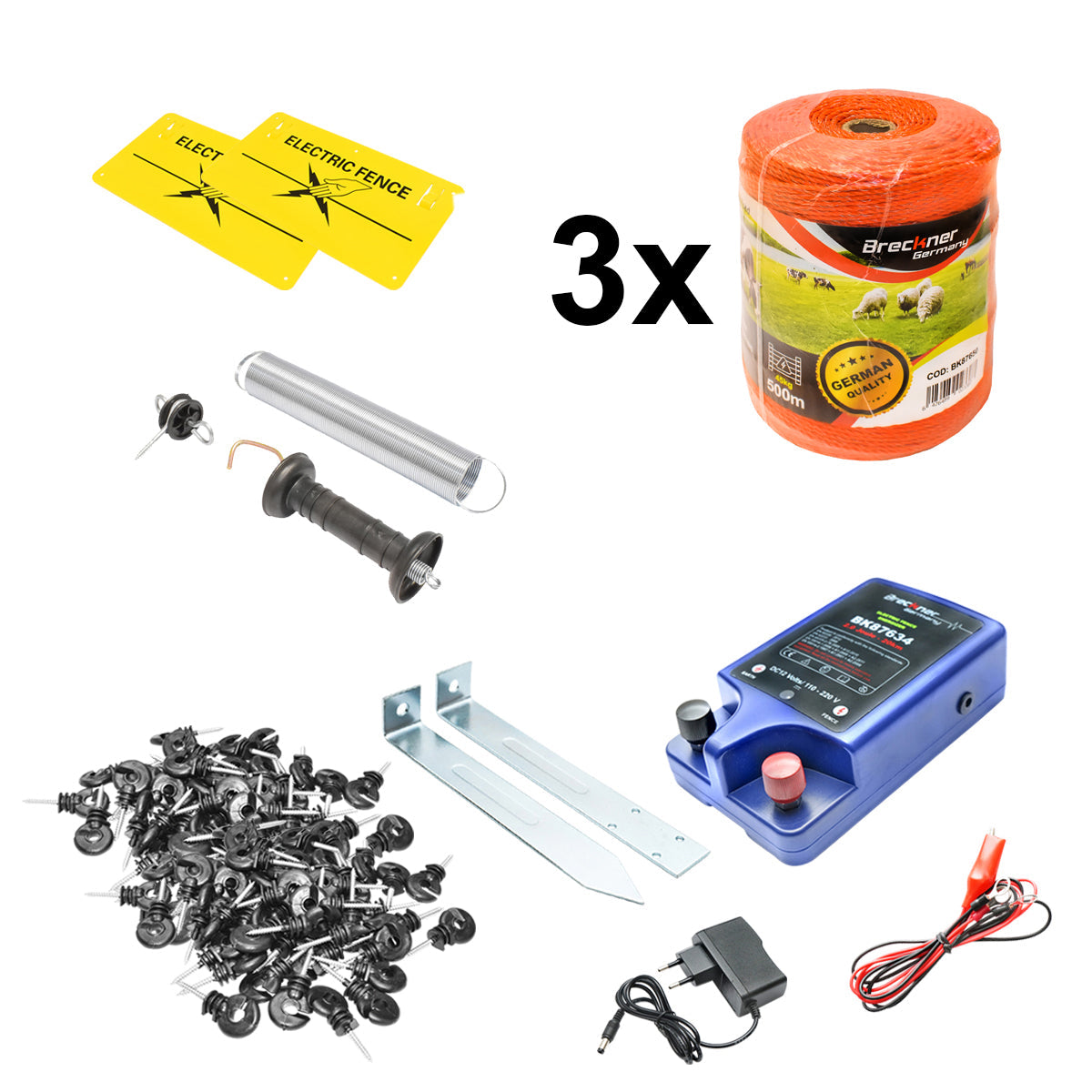 Kit completo per recinzione elettrica 12/220V, 3 Joule, lunghezza filo 1500m, 200 isolatori, 2 maniglie per cancelli e 2 cartelli di segnalazione Breckner Germany