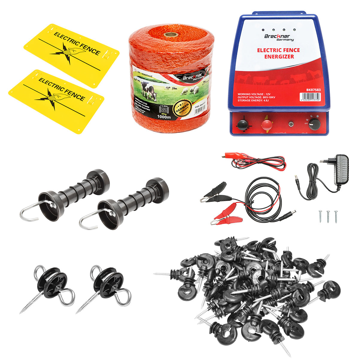Kit completo per recinzione elettrica 12/220V, 4,8 Joule, lunghezza filo 1000m, 100 isolatori e targhe di segnalazione Breckner Germany