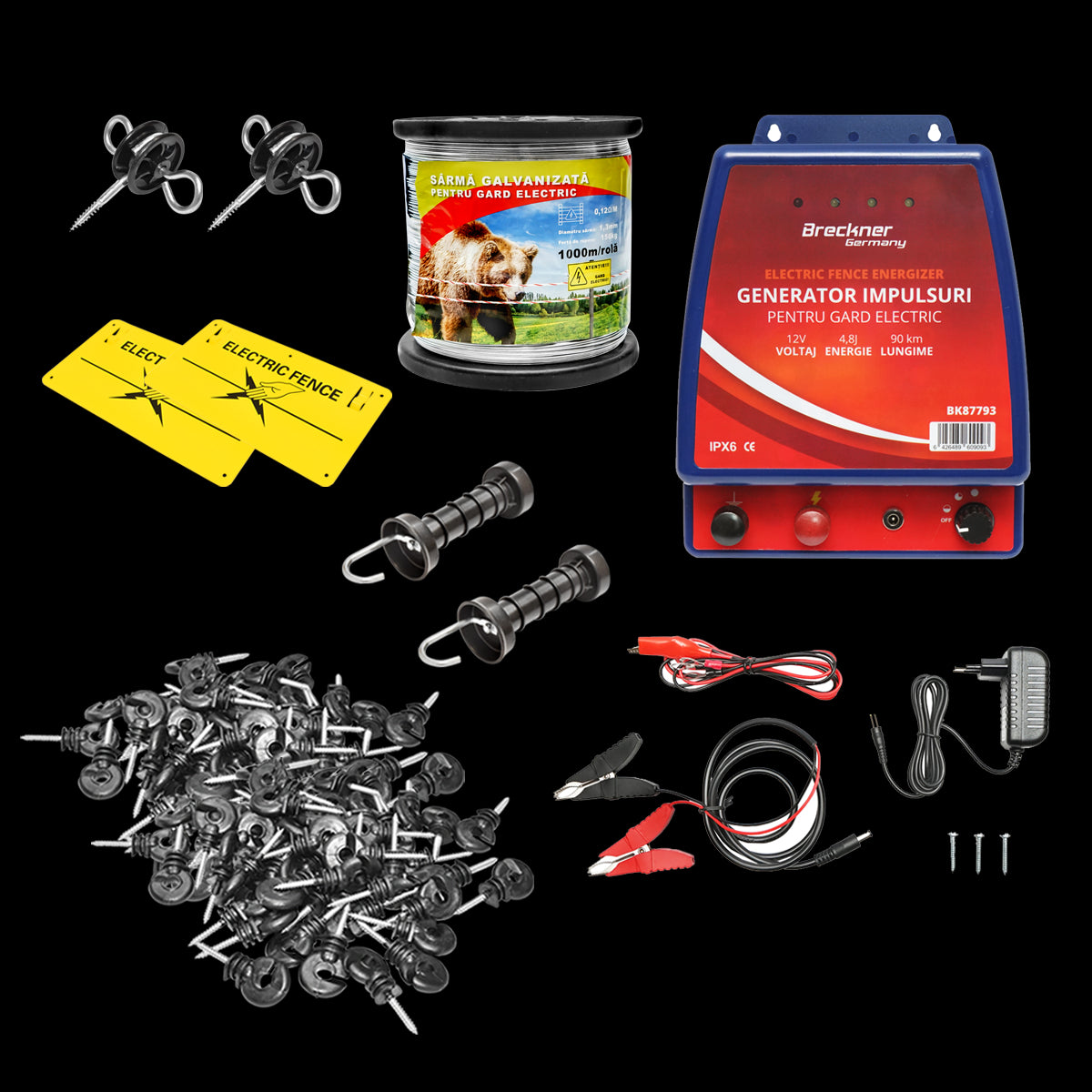 Kit completo per recinzione elettrica 12/220V, 4,8 Joule, lunghezza filo 1000m, 100 isolatori e targhe di segnalazione Breckner Germany