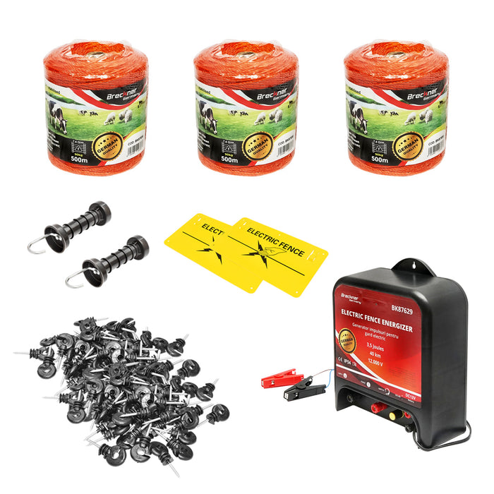 Kit completo per recinzione elettrica 12V 3,5 Joule, lunghezza filo 1500m, 200 isolatori e targhe di segnalazione Breckner Germany