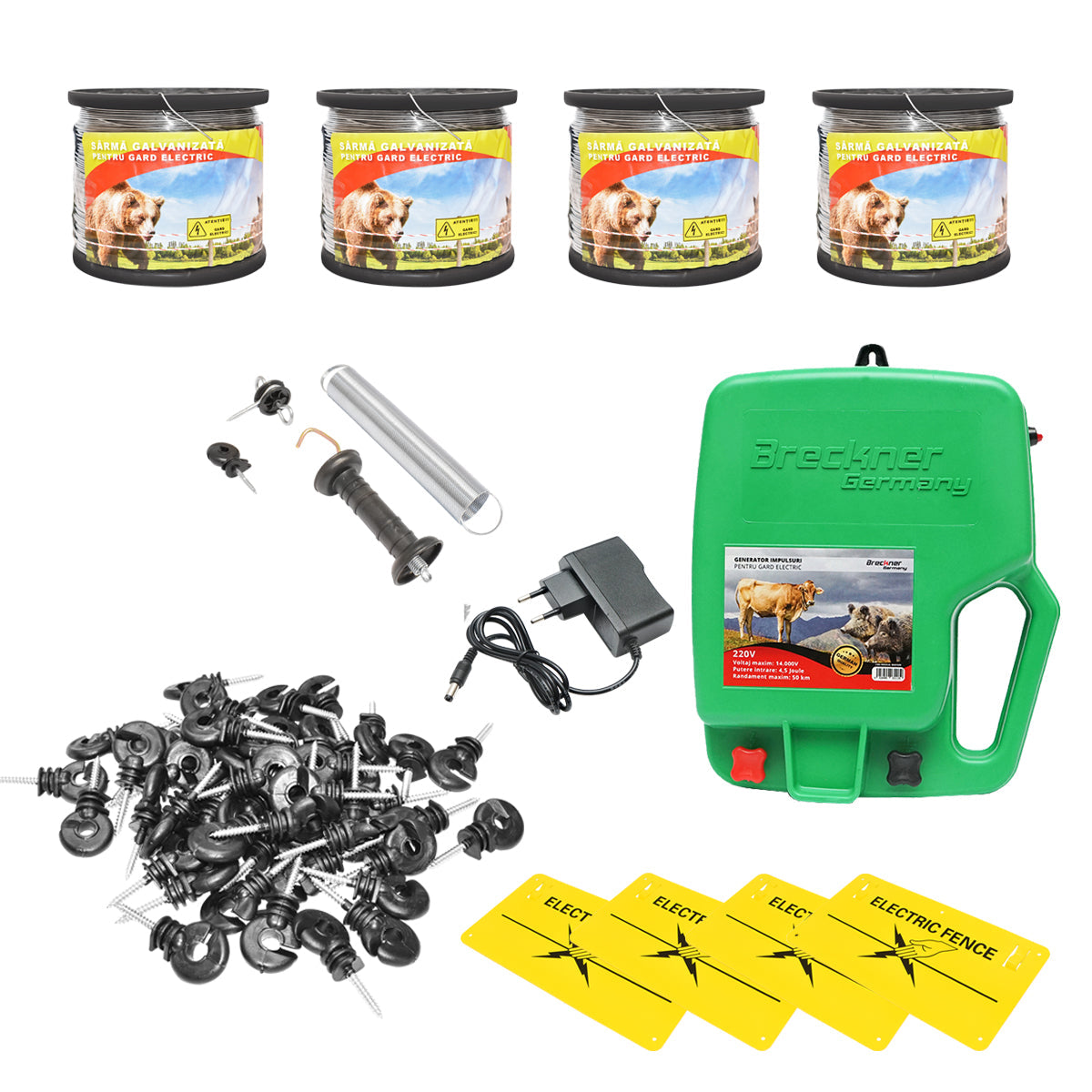 Kit completo per recinzione elettrica 220V 4,5 Joule, 2000 m di filo, 100 isolatori, kit cancello, 4 pannelli di segnalazione Breckner Germany