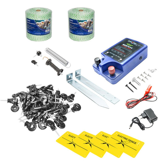 Kit Completo Recinto Elettrico Elettrificatore 12V/220V, 2 Joule 20 km, Filo 2000 MT, 100 isolatori, set maniglia, recinzioni elettriche Breckner Germnany