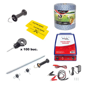 Kit Completo Recinto Elettrico Elettrificatore 12V/220V, 3,5 Joule , Filo 1000 MT, 100 isolatori, set maniglia con molla tensione, recinzioni elettriche Breckner Germnany