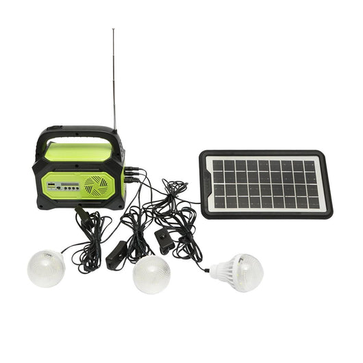 Kit di illuminazione LED portatile con 3 lampadine/proiettore, radio FM, MP3, pannello solare e batteria da 6 V, 4,5 Ah per la pesca in campeggio GD-8073