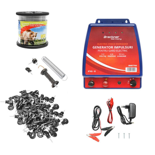 Kit Recinto Elettrico Completo Elettrificatore 220V, 4,5 Joule 50km, Filo metallico zincato 1000 MT, 100 isolatori, set maniglia, recinzioni elettriche Breckner Germnany