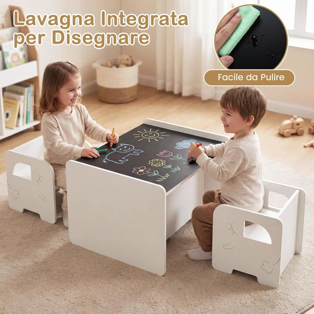 Set Tavolo e 2 Sedie per Bambini, Tavolo e Sedie Salvaspazio per Bambini 3+ Anni con Lavagna per Disegnare e Piedini Antiscivolo, per Camerette, Soggiorno e Studio (Bianco)