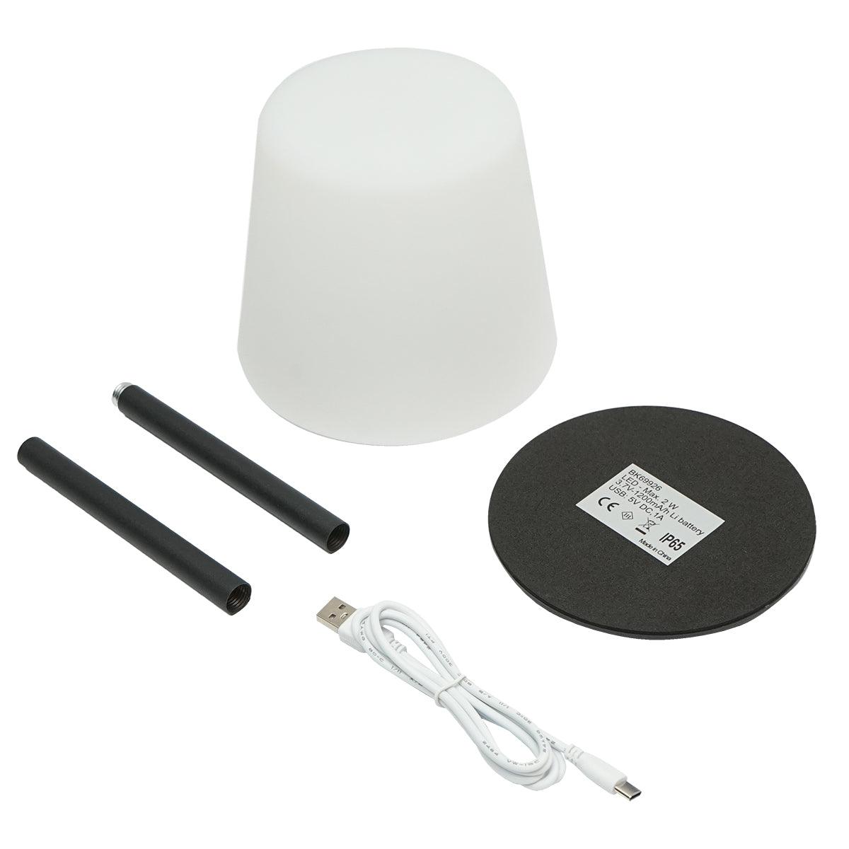 Lampada da tavolo LED ricaricabile per interni ed esterni, 2W, 3.7V 1200mAh, USB 5V 1A, luminosità regolabile, funzione memoria, IP65, nera