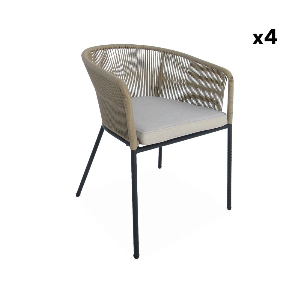 Set tavolo da pranzo rotondo in legno con 4 poltrone in corda, beige