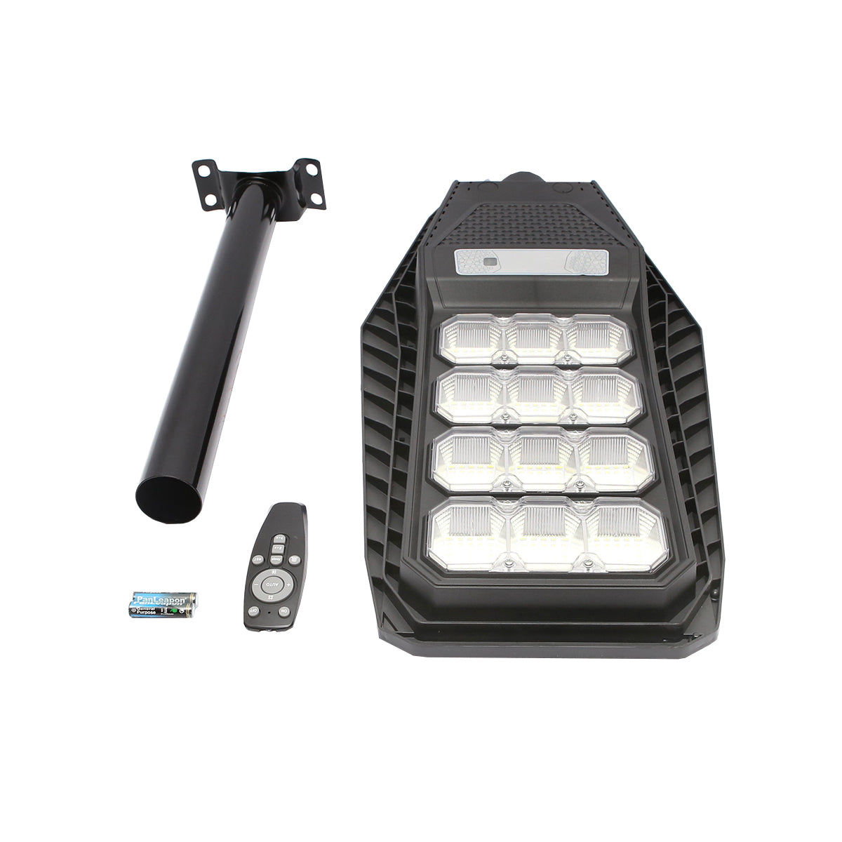 Lampada solare a LED per illuminazione stradale 200W, 6500K, IP65 con sensore di movimento, pannello solare e montaggio su palo