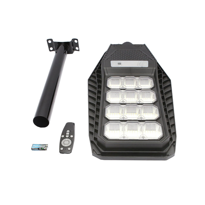 Lampada solare a LED per illuminazione stradale 200W, 6500K, IP65 con sensore di movimento, pannello solare e montaggio su palo