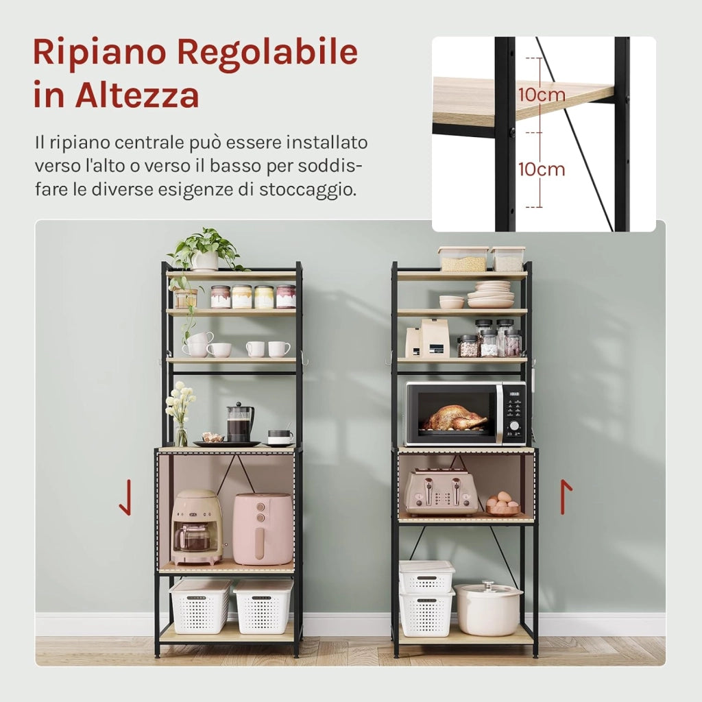 Scaffale da Cucina con 6 Ripiani, Scaffale per Microonde con 6 Ganci, Struttura in Metallo, Legno Ingegnerizzato, 60x40x167cm, Rovere Chiaro+Nero