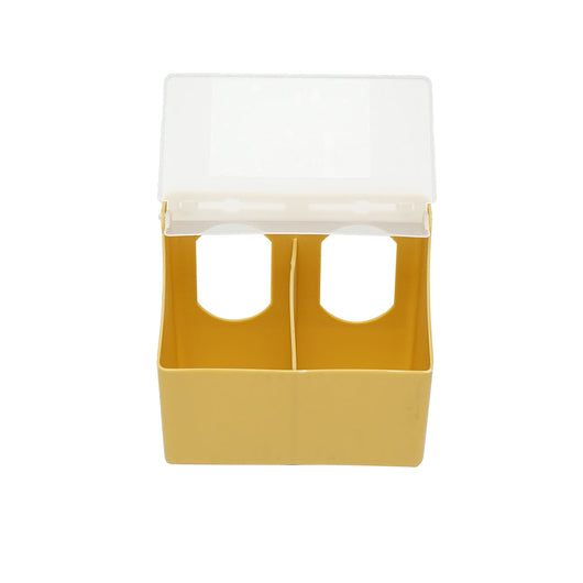 Mangiatoia ribaltabile in plastica per piccioni, con 2 scomparti, dimensioni 16x9x14cm.