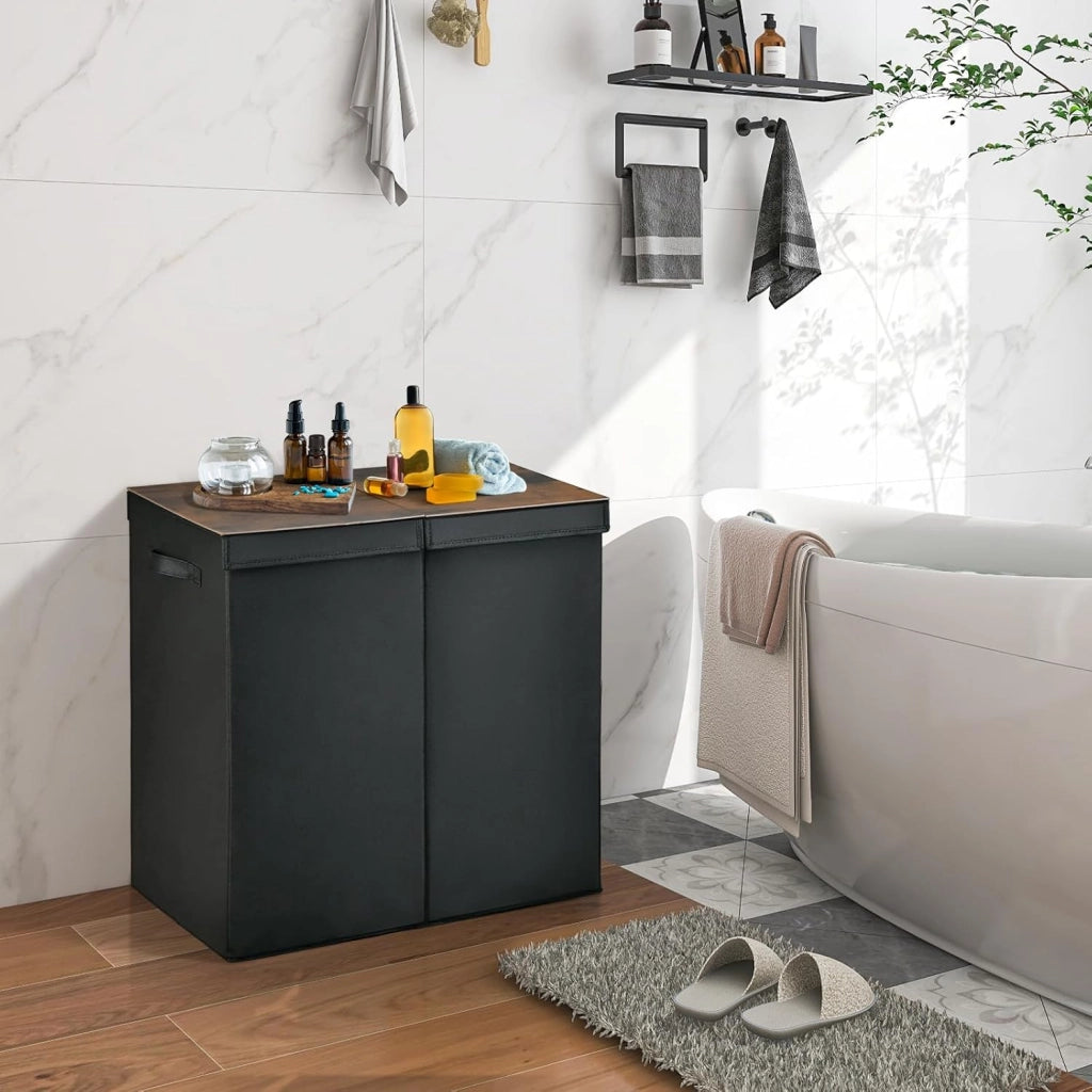 Cesto Portabiancheria Sporco da 115 L con Coperchio, Cesta Portabiancheria da 2 Scomparti Divisi con Maniglie, Cesta Biancheria in Tessuto per Camera Bagno, 62x31x60 cm, 2 Colori (Nero)