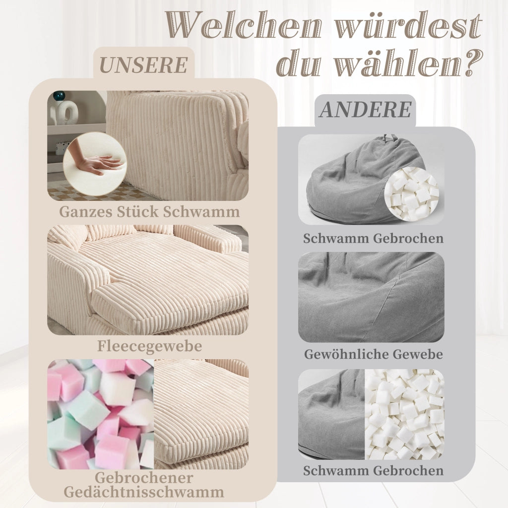 Poltrona chaise longue beige in velluto a coste con 3 cuscini; 125 x 155 x 63 cm