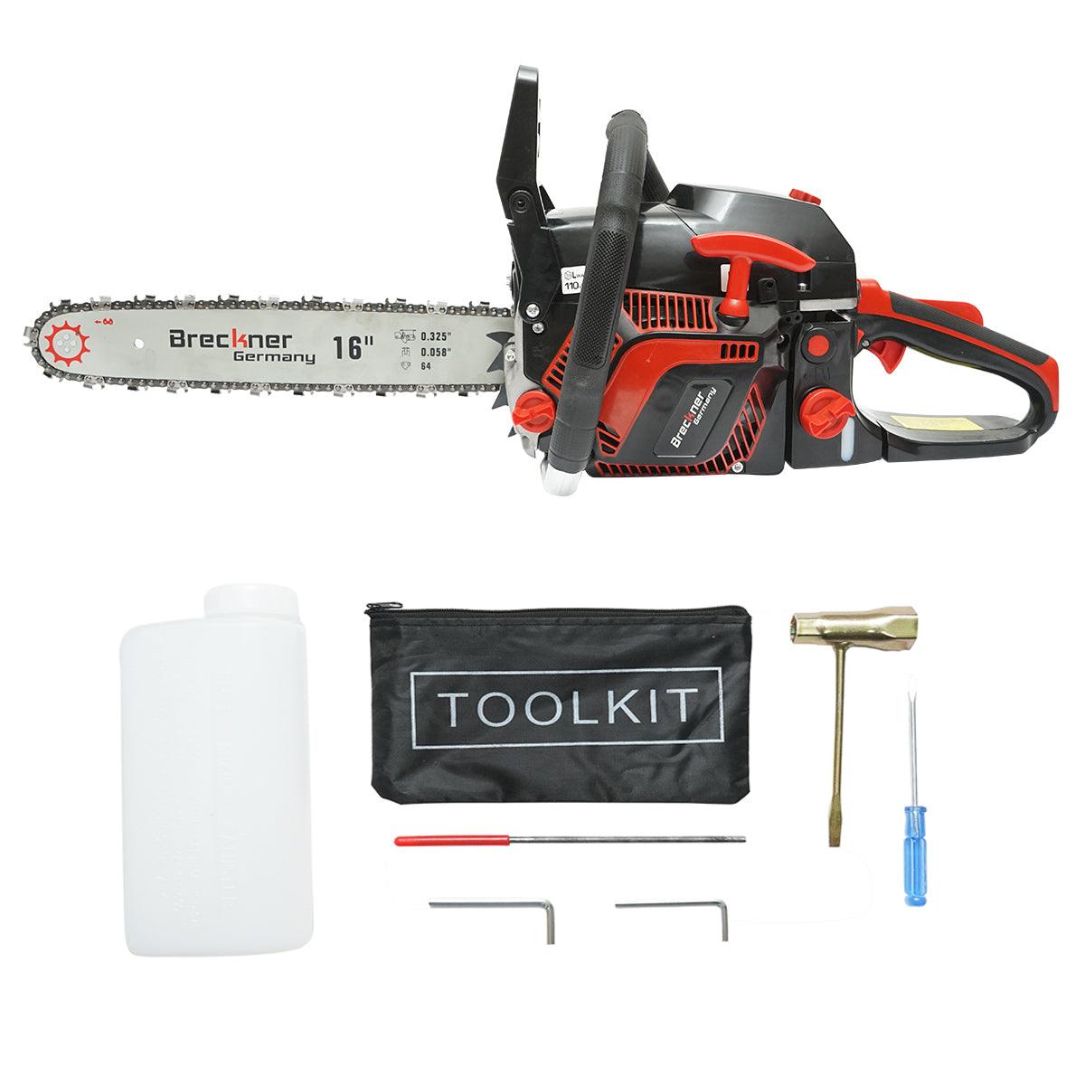 Motosega a benzina con motore a 2 tempi 2.2Kw, 8500rpm. 52cc. con lama 16/18", Motosega a sccoppio Breckner Germany