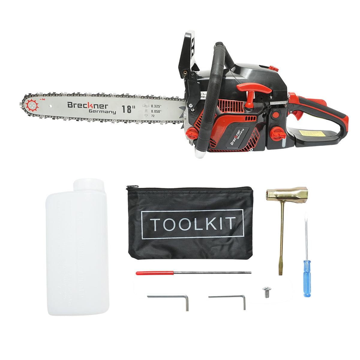 Motosega a benzina con motore a 2 tempi 2.4Kw, 8500rpm. 58cc. con lama 18/20", Motosega a sccoppio Breckner Germany