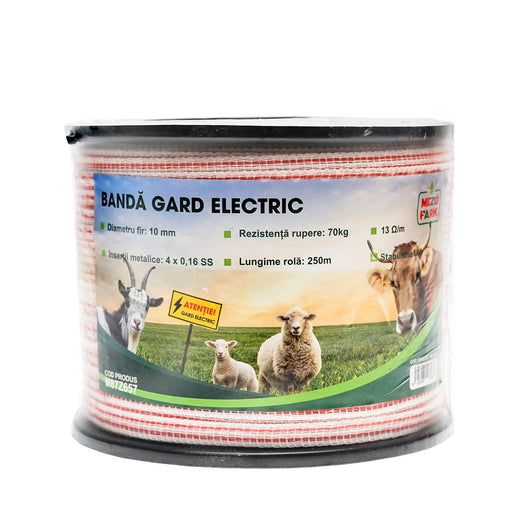 Nastro per recinto elettrico, Lunghezza 250 mt e Larghezza 10mm, 4x0.16mm SS, 13 Ohm/m, colore bianco-rosso, Recinzioni Elettriche Mezofarm
