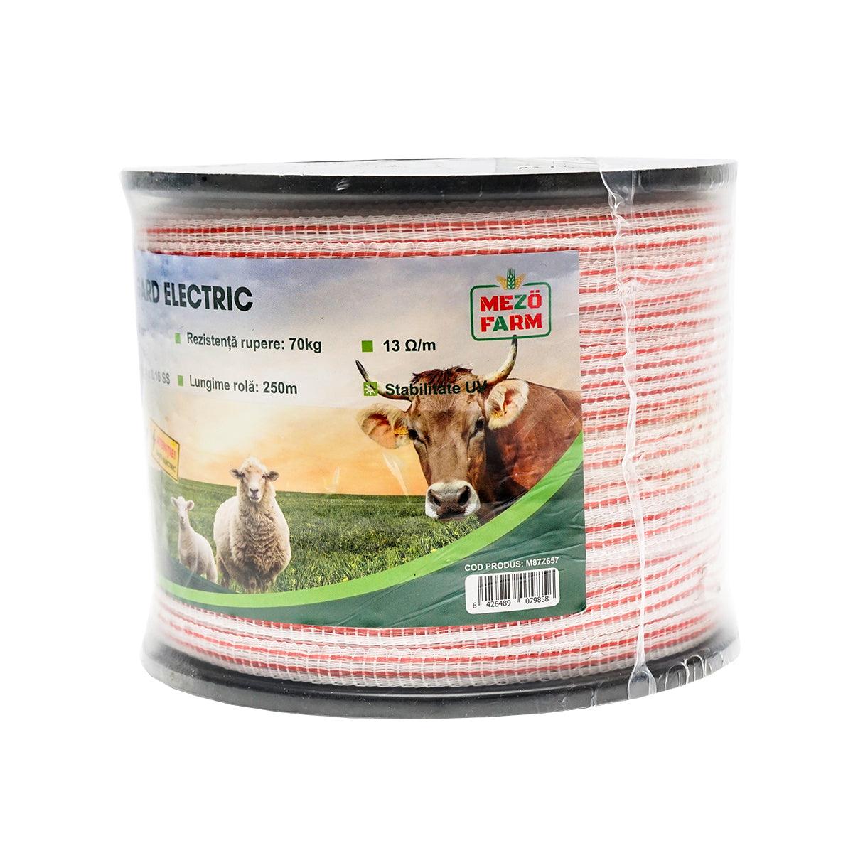 Nastro per recinto elettrico, Lunghezza 250 mt e Larghezza 10mm, 4x0.16mm SS, 13 Ohm/m, colore bianco-rosso, Recinzioni Elettriche Mezofarm