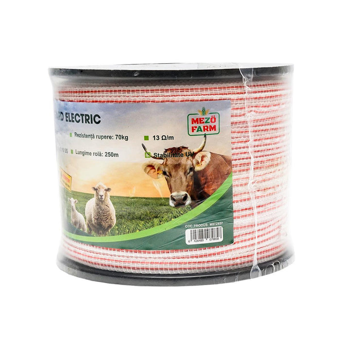 Nastro per recinto elettrico, Lunghezza 250 mt e Larghezza 10mm, 4x0.16mm SS, 13 Ohm/m, colore bianco-rosso, Recinzioni Elettriche Mezofarm