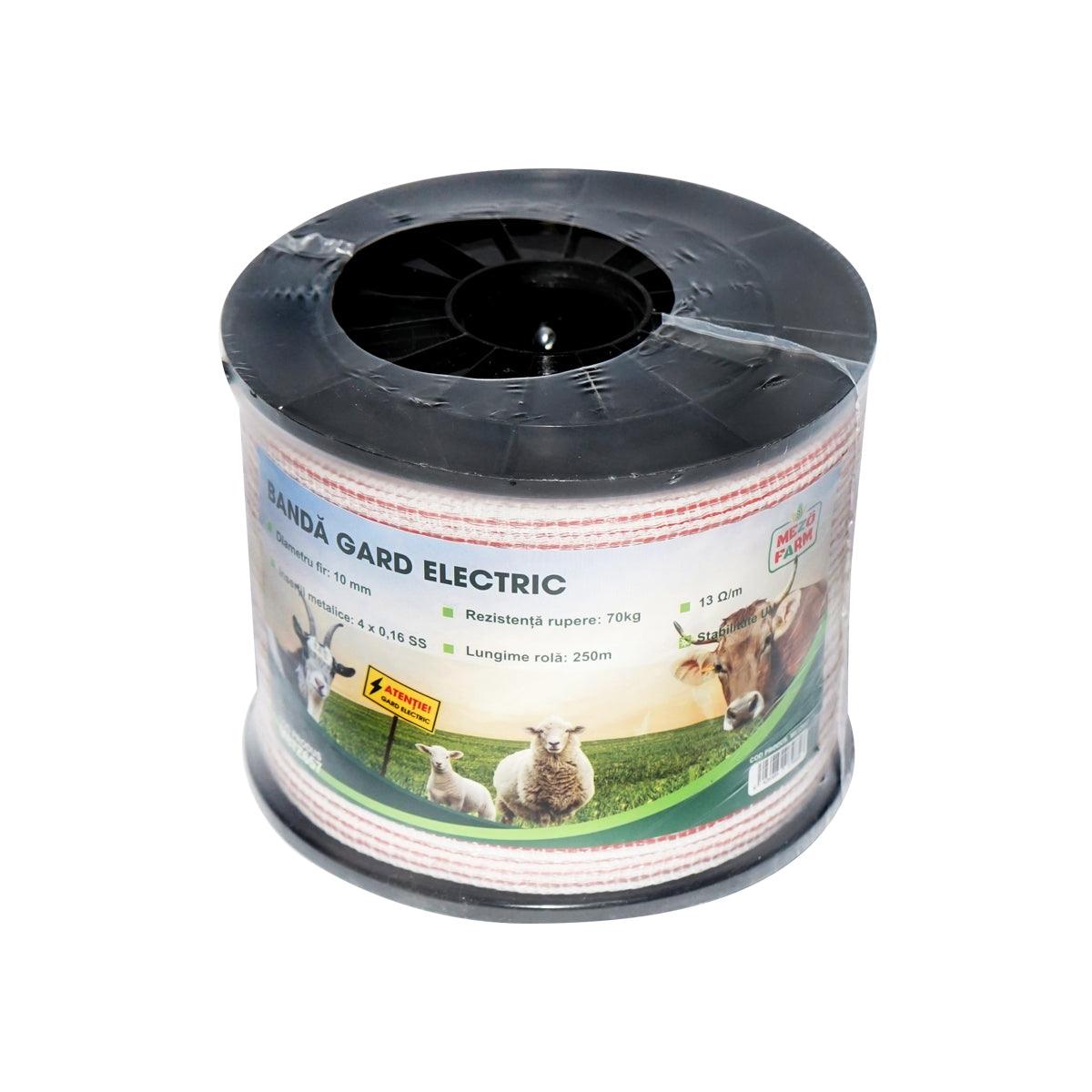 Nastro per recinto elettrico, Lunghezza 250 mt e Larghezza 10mm, 4x0.16mm SS, 13 Ohm/m, colore bianco-rosso, Recinzioni Elettriche Mezofarm