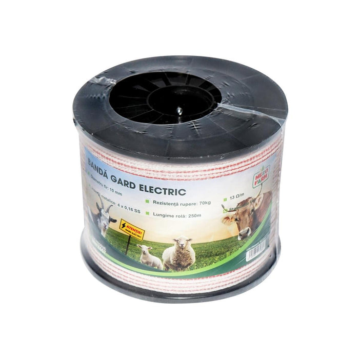 Nastro per recinto elettrico, Lunghezza 250 mt e Larghezza 10mm, 4x0.16mm SS, 13 Ohm/m, colore bianco-rosso, Recinzioni Elettriche Mezofarm